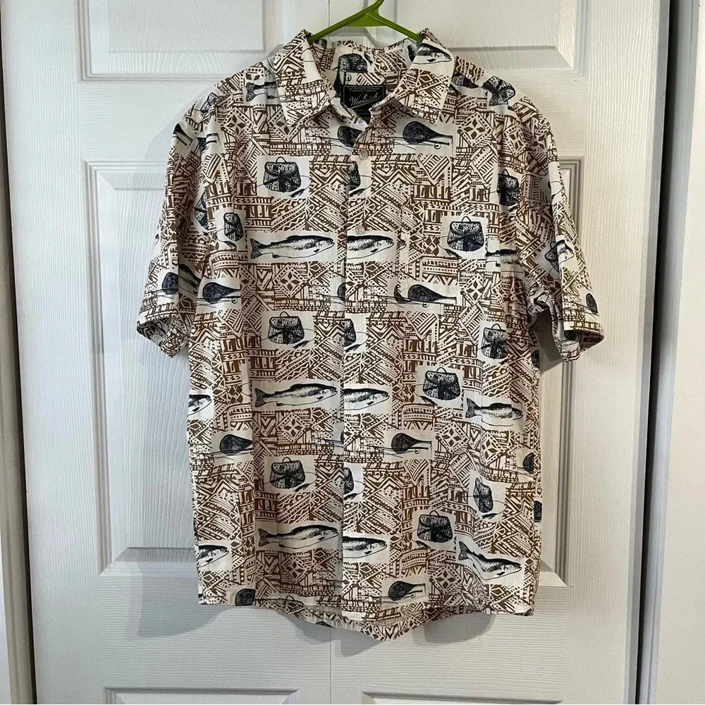 Woolrich 90's Men's Fishing Bass Graphic Button Short Sleeve Shirt Size Lg